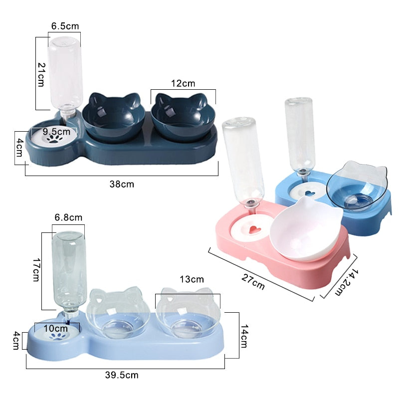 3-in-1 Cat Dog Food Bowl with Water Fountain